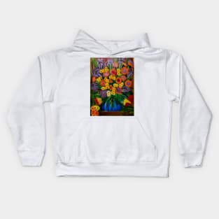 Some abstract vibrant colorful flowers in a glass vase with gold base accent Kids Hoodie